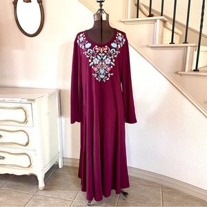 BLAIR Vintage Maroon Red Embroidered Maxi Dress Womens Size XL Long Sleeve Fall